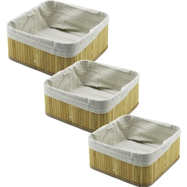 Calperia 3 Boy Kare Bambu Kenar Organizer Sepet Ahşap Altlık - Bezli 17X17-21X21-26X26CM