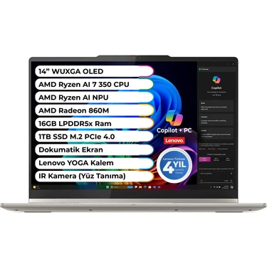 Lenovo Yoga 7 Amd Ryzen Aı 7 350 Cpu 16 GB 1 Tb M2 SSD Copilot + Amd Ryzen Aı 50 Tops 14" OLED