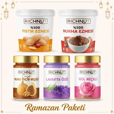 Richnut Ramazan Paketi ( 1 kg Fıstık Ezmesi, 1 kg Hurma Ezmesi, Lavanta Özü, Gül Reçeli ve  Kuru