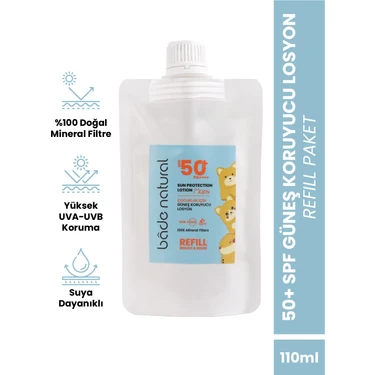 Bade Natural  Doğal 50+Spf Yüksek Korumalı Çocuk Güneş Koruyucu Losyon Refill Paket 110
