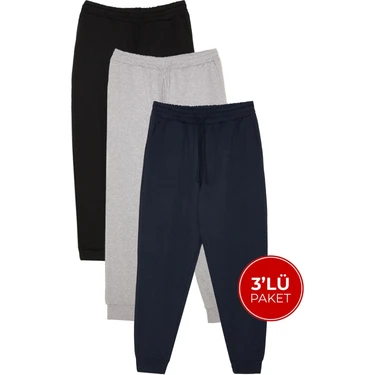Tudors Erkek 3'lü Paket Lacivert-Gri-Siyah Regular Fit Beli Bağcıklı Jogger Cepli Lastikli Paça