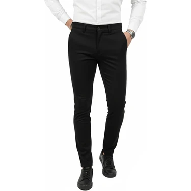 Deepsea Erkek Siyah Modern Fit Likralı Kumaş Pantolon Günlük & Ofis Kullanımı