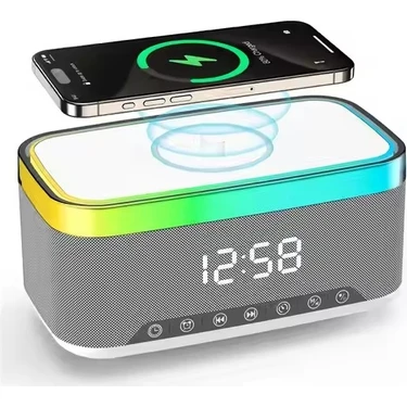Gaman Rgb 13 Mod LED Işıklı Masa Üstü Bluetooth Speaker Masa Saati Alarmlı 15W Kablosuz Şarj