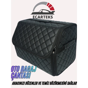 Ecarteks Kapitone Deri Oto Bagaj Organizeri Fermuarlı Sabitlemeli 3 Kulplu 40x25x30 cm