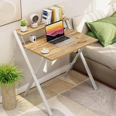 Ayz Bodo Metal Ayaklı Laptop Masası Katlanır Çalışma Masası Raflı Masa Katlanır Laptop Sehpası