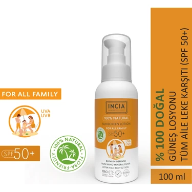 INCIA %100 Doğal ve Organik Tamanu Yağlı Güneş Losyonu Mineral Filtreli Tüm Aile Için 50 SPF 100