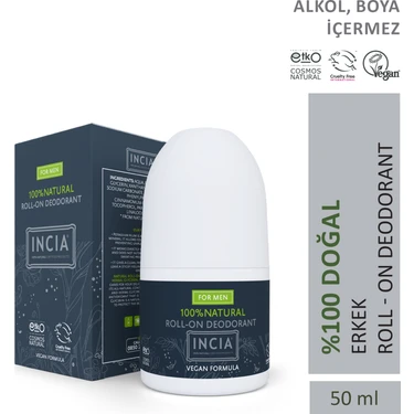 INCIA %100 Doğal Roll On Deodorant Erkekler İçin Ter Kokusu Önleyici Leke Yapmayan 50