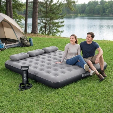 Bestway Ultra King 3 Kişilik Şişme Yatak Gri Kadife Yüzey ile El Pompası ve Yastık 203X183X22CM
