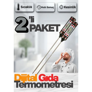 Dijital LCD 2 Adet Siyah Renk Gıda Yemek Termometresi Yemek Isı Ölçer Pil