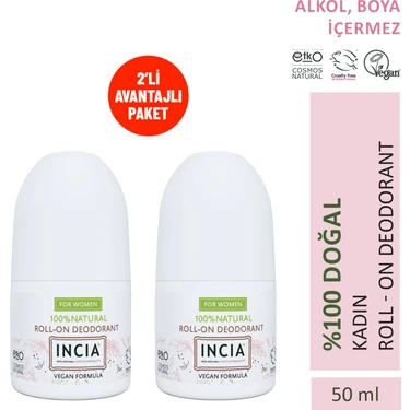 INCIA %100 Doğal Kokusuz Roll On Deodorant Kadınlar İçin 50 ml 2 Parça Avantajlı