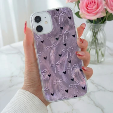 iPhone 11 Kılıf Hologramlı Siyah Kalp Mor Fiyonk Desenli Darbe Emici Kamera Korumalı