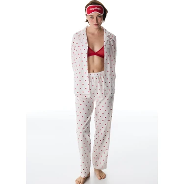 Penti Kırık Beyaz Red Hearts Düğmeli Gömlek Pantolon Pijama
