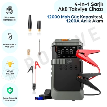 Robeve Auhma 4-In-1 Şarjlı Akü Takviye Cihazı – 12000 Mah Güç Kapasitesi, 1200A Anlık Akım, Dijital