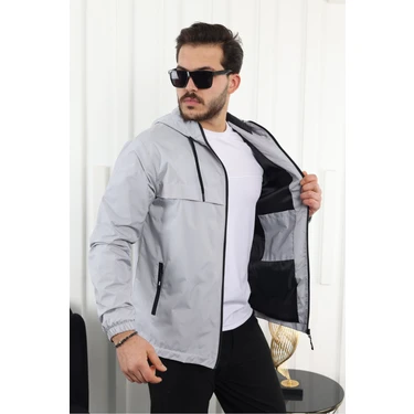 Comstar Erkek Açık Gri Kapüşonlu Cepli Suya Dayanıklı Içi Astarlı Yağmurluk Slim Fit