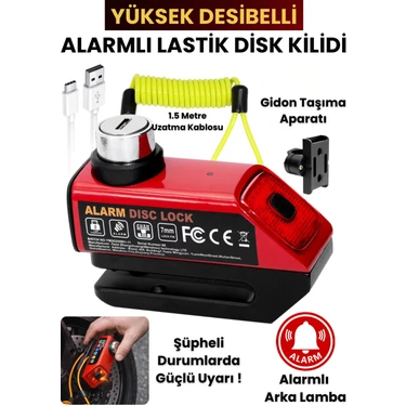 Yussraw 120DB Motosiklet Disk Kilidi Alarmlı Işıklı 1.5m Hatırlatma Kablolu Alüminyum Alaşım