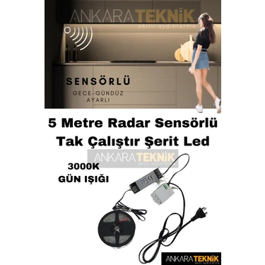 Mutfak Dolabı Için 5 Mt. Şerit LED 12V Adaptör Radar Sensörlü (Günışığı
