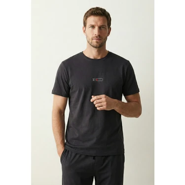 Elemge %100 Pamuk Penye Süprem Erkek 2'li Pijama Takımı Koyu Antrasit Kısa Kol Cep Ipli Relax Fit