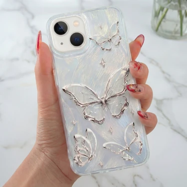 Fibaks Apple iPhone 13 - 14 - 15 Uyumlu Kılıf Tüylü Hologram Kelebek Desenli Darbe Emici Kamera