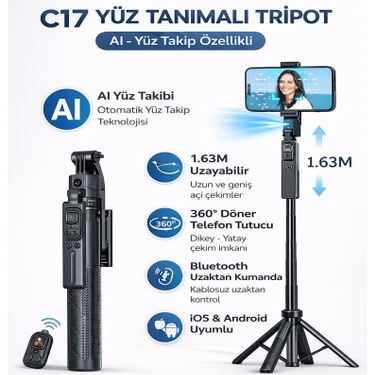 Moxti Yüz Oto Takip Sistemli Çok Amaçlı Bluetooth Kumandalı Akıllı Tripod + Selfie