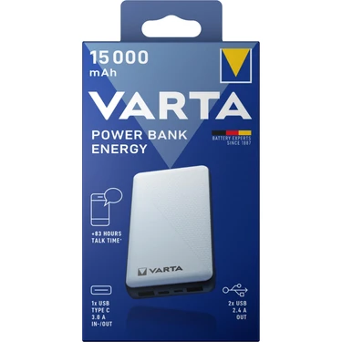 Varta 15.000mAh Led Göstergeli Powerbank 2xUSB Type-C Micro-USB Şarj