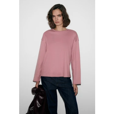 Grimelange NEAT Kadın Organik Pamuklu Bisiklet Yaka Oversize Fit Uzun Kollu Pembe