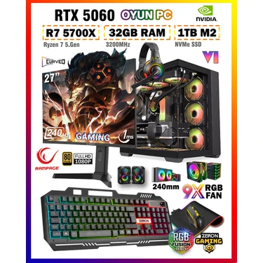 Zeiron Warrior Eagle X55 Ryzen 7 5700X 32GB 1tb M.2 SSD RTX5060 27" 240Hz Sıvı Soğutmalı Oyuncu