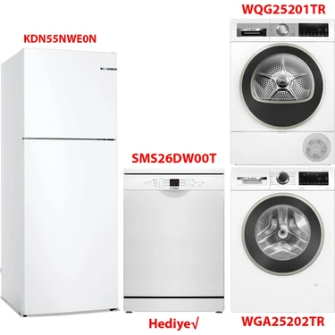 Bosch KDN55NWE0N - WGA25202TR - WQG25201TR - SMS26DW00T Beyaz Eşya 4'lü