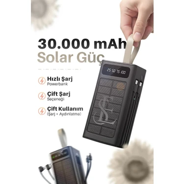 Ensiga Güneş Enerjili 30.000 mAh Powerbank LED Işıklı Taşınabilir Şarj Aleti 2x USB