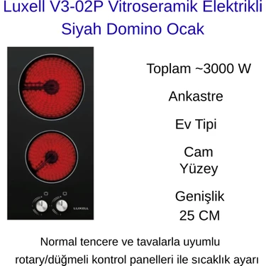 Luxell V3-02P Vitroseramik Elektrikli Siyah Domino Ocak + Hassas Mutfak Tartısı
