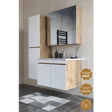 Teta Home Tokyo 65 Cm Atlantik Çam-Beyaz MDF Banyo Dolabı Seti + Boy