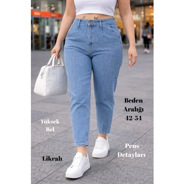 Cedy Denim Cedy Kadın Büyük Beden Pileli Mom Jean Pantolon C600 Yüksek Bel Likralı Günlük