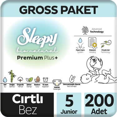Sleepy Bio Natural Premium Plus Gross Paket Bebek Bezi 5 Numara Junior 200