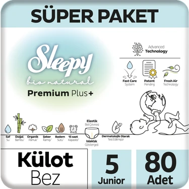 Sleepy Bio Natural Premium Plus Süper Paket Külot Bez 5 Numara Junior 80