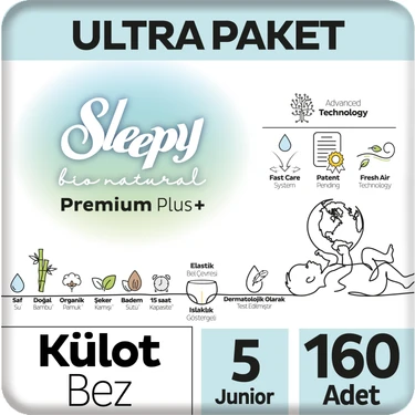 Sleepy Bio Natural Premium Plus Ultra Paket Külot Bez 5 Numara Junior 160