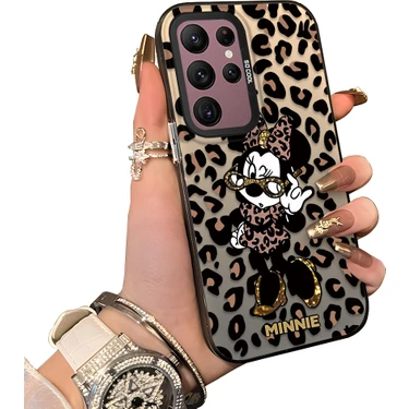 Ucuc Samsung Galaxy S22 Ultra Uyumlu Sert Akrilik Arka Silikon Kenar Lens Koruma Mickey Mouse