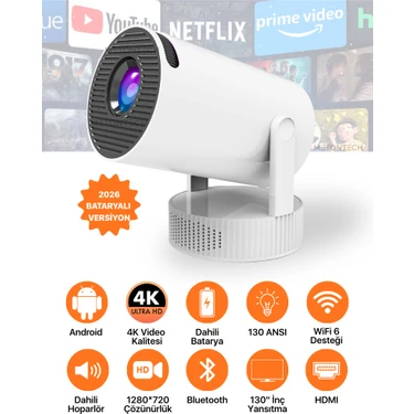 Metontech Bataryalı Taşınabilir Android Projeksiyon Cihazı 2026 Seri | 4K Destekli Wifi Bluetooth,