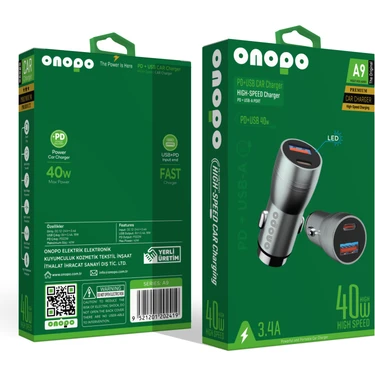Onopo 3.4A Çift USB + Type Çıkışlı Metal Hızlı Araç Şarjı 40W -