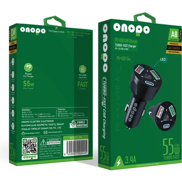 Onopo 3.4A Type-C (Pd) ve Çift USB Girişli Turbo Hızlı Araç Şarjı 55W -