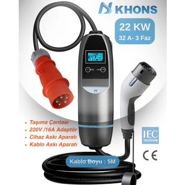 Khons Taşınabilir Elektrikli Araç Şarj İstasyonu |Cihazı | 22Kw