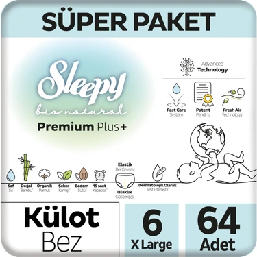 Sleepy Bio Natural Premium Plus Süper Paket Külot Bez 6 Numara Xlarge 64