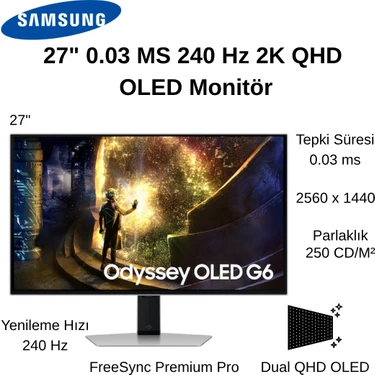 Samsung Odyssey OLED G6 LS27DG612SUXUF 27" 0.03 Ms 240 Hz 2k Qhd OLED Monitör + Oyuncu Mouse