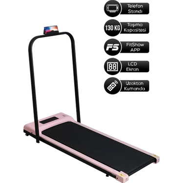Saravita Pembe Akıllı Koşu Bandı Katlanabilir Bluetooth Hoparlörlü 130KG LCD Ekran