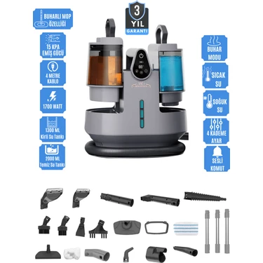 Mogotech MG-201 Premium - Sesli Komutlu Buharlı Temizlik Makinesi Mop Başlıklı Halı & Koltuk Yıkama