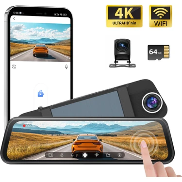 Conio PASENS Araç Dikiz Aynası Dvr – 4K Ultra Hd Ön + 1080P Arka Kamera, 10" IPS Dokunmatik Ekran,