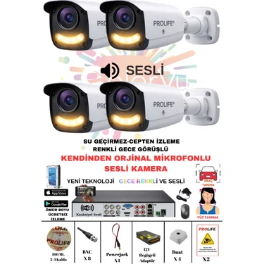 Prolife 4 Lü Sesli Güvenlik Kamerası 5 Mp Gece Renkli Yüz ve Araç Tanımalı Full Hd Kamera
