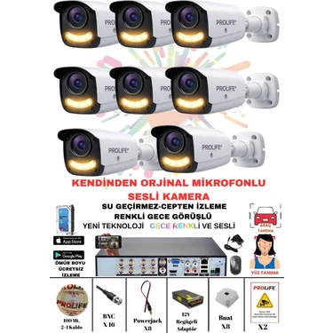 Prolife 8 Li Sesli Güvenlik Kamerası 5 Mp Gece Renkli Yüz ve Araç Tanımalı Full Hd Kamera