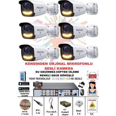 Prolife 6 Lı Sesli Güvenlik Kamerası 5 Mp Gece Renkli Yüz ve Araç Tanımalı Full Hd Kamera