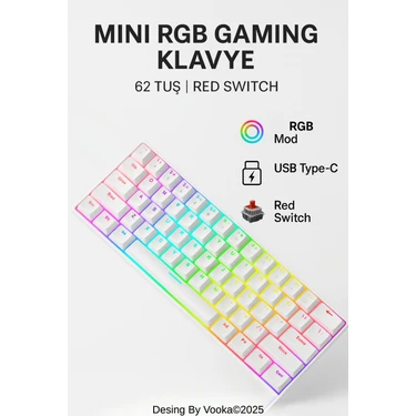 vooka Mini Rgb Gaming Mekanik Klavye 62 Tuş Red Switch USB Type-C Kablolu Kompakt Oyuncu Klavyesi