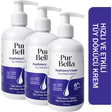 Pur Bella TÜY DÖKÜCÜ 3'LÜ KREM 250 ML Yeni Daha Etkili Formül 6 Dakikada Etkili Aloe Vera & E