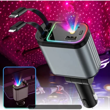 vooka 66W Hızlı Araç Şarj Cihazı Geri Çekilebilir Kablolu Type-C Lightning Usb-A Araç Içi Şarj